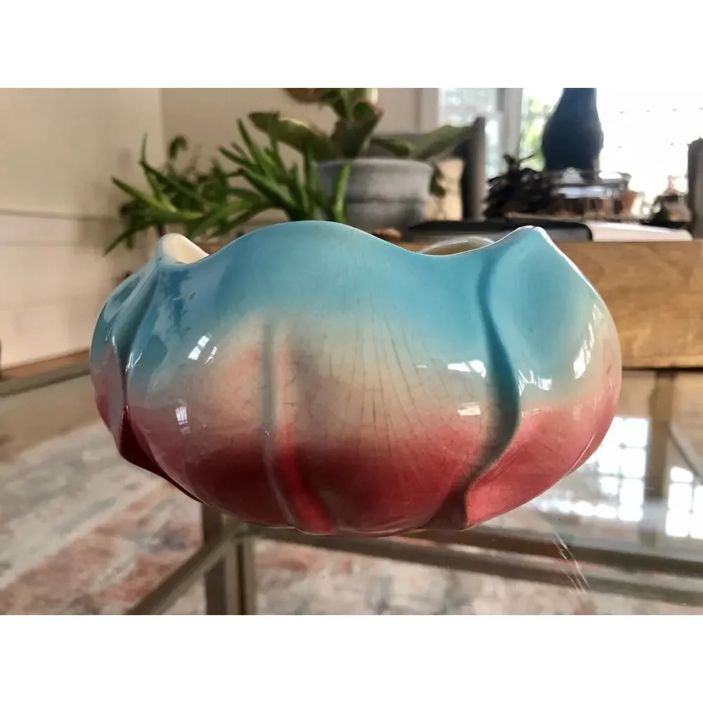 Vintage 1970s Ceramic Pansy Bud Vase Ring Planter Pink Blue Mid Century Modern